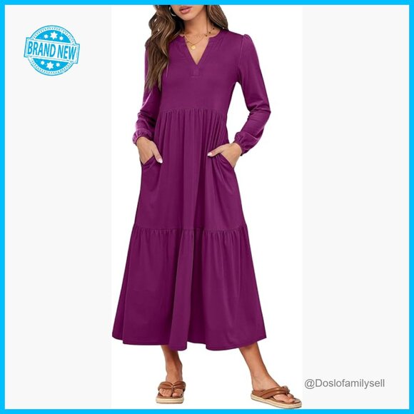 Dresses & Skirts - Long Sleeve Maxi Dress Boho Tiered V Neck Flowy Casual Vacation with Pockets